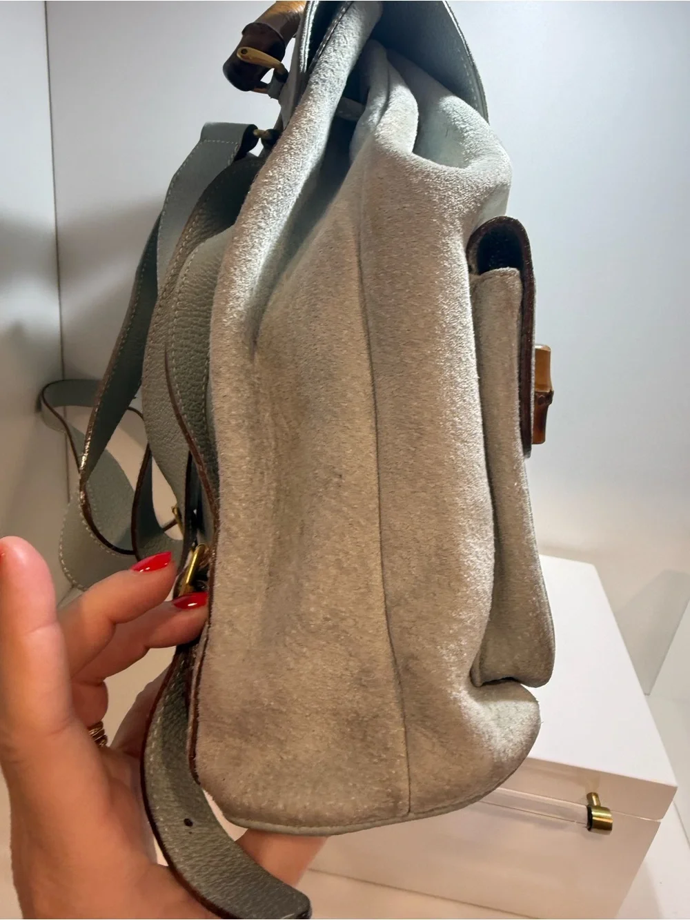 Gucci Light Blue Suede Bamboo Backpack